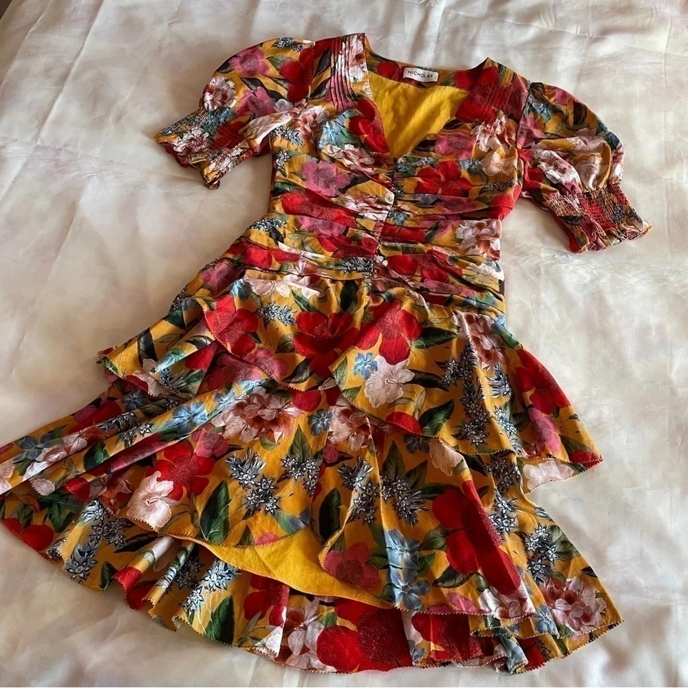 NICHOLAS- Orange Tangerine Floral Puff Sleeve Pintuck Mini Dress Size 4